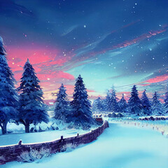 Sticker - Winter forest. Christmas card or screensaver. Merry Christmas. AI created a digital art illustration