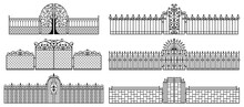Decorative Fences And Gates. Set Of Vintage Wrought Metal Fences With Gates. Isolated Black Silhouette On White Background. Vector Illustration