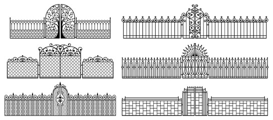 Decorative fences and gates. Set of vintage wrought metal fences with gates. Isolated black silhouette on white background. Vector illustration