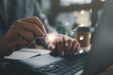 Poster - IT staff working with Document Management System (DMS), online documentation database and process automation to efficiently manage files, Corporate business technology..
