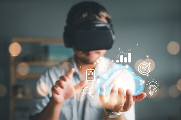 Wall Mural - man wearing vr glasses and accessing the cloud computing technology internet storage network concept