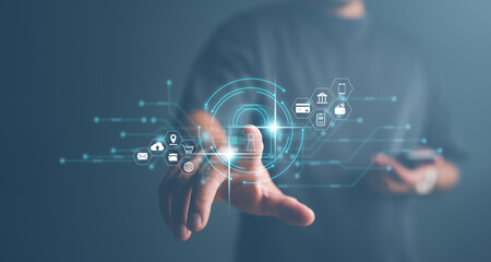 Fototapete - Cybersecurity and privacy concepts to protect data. Lock icon and internet network security technology. Businessman protecting personal data on smart phone with virtual screen interfaces..