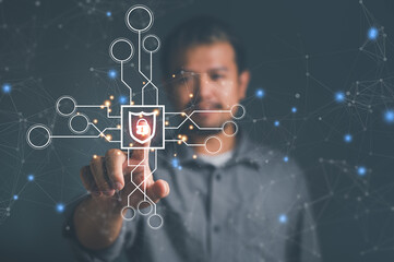 Poster - Cyber Protection Data Security Internet Privacy, Internet and technology concept on virtual screen. Man touching on lock icon..