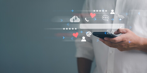 Leinwandbilder - Search engine optimization, SEO, Searching Browsing Internet Data Information Networking Concept, Businessman use smartphone for find data on networking, copy space..