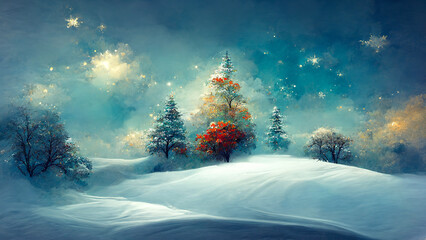 Wall Mural - Winter forest. Christmas card or screensaver. Merry Christmas. AI created a digital art illustration