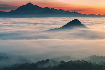 Canvas Print - Mountains in clouds at sunrise in summer. Aerial view of mountain peak with green trees in fog. Beautiful landscape with high rocks, forest, sky. Top view from drone of mountain valley in low clouds