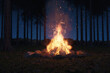 3D rendering of big bonfire with sparks and particles in front of pine trees and starry sky