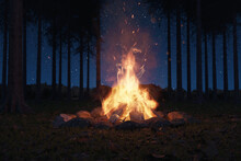 3D Rendering Of Big Bonfire With Sparks And Particles In Front Of Pine Trees And Starry Sky