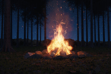 Wall Mural - 3d rendering of big bonfire with sparks and particles in front of pine trees and starry sky