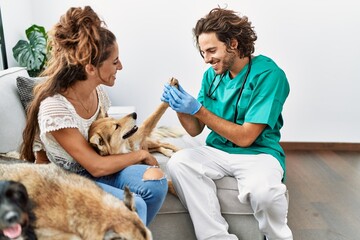 Wall Mural - Man and woman wearing veterinarian uniform examining hoof dog at home