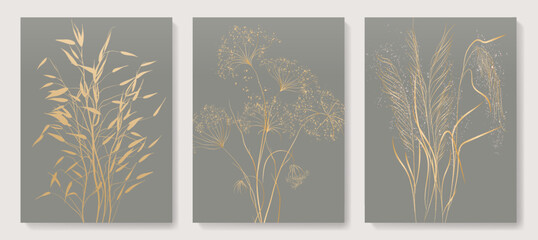 Wall Mural - gray art background with flowers and grass in golden line style. set of hand drawn botanical vector 