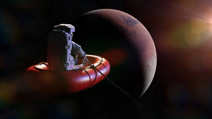 Wall Mural - astronaut in dinghy in orbit of planet mars