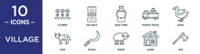 Village Outline Icon Set Includes Thin Line Flower, Hay Bale, Milk Tank, Pickup Truck, Duck, Cow, Sickle Icons For Report, Presentation, Diagram, Web Design