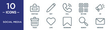 Social Media Outline Icon Set Includes Thin Line Shop Bag, Edit, Call, Qr Code, Ad, Trash, Love Icons For Report, Presentation, Diagram, Web Design