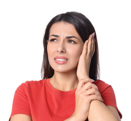 Sticker - Young woman suffering from ear pain on white background