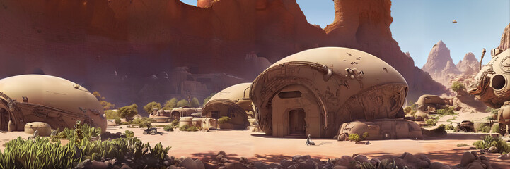 Wall Mural - city on planet mars, idyllic martian cityscape with terraformed environment, background banner