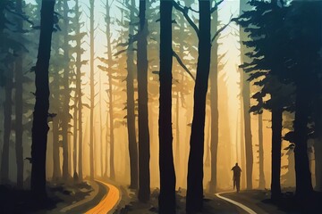 Sticker - forest road with man