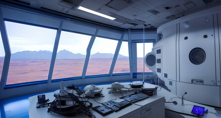 Wall Mural - research station on planet mars, habitat room looking out to the martian landscape