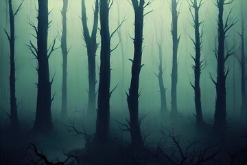 Wall Mural - Realistic haunted forest creepy landscape at night. Fantasy Halloween forest background. Surreal mysterious atmospheric woods design backdrop. Digital art.