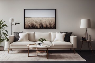 blank horizontal poster frame mock up in scandinavian style living room interior, modern living room