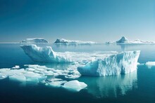 Beautiful Big White Iceberg Underwater. Global Warming And Melting Glaciers, Concept. Iceberg In The Ocean With A View Under Water. Crystal Clear Water. Hidden Danger And Global Warming