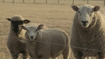 Wall Mural - sheep portrait. white Sheeps in paddock .Animal husbandry and agriculture concept.Breeding and rearing sheep.Sheep woolen breeds. 4k footage