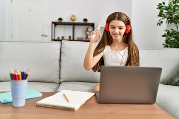 Canvas Print - Adorable girl having online class sitting on sofa at home