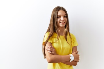 Sticker - Young brunette teenager standing together over isolated background happy face smiling with crossed arms looking at the camera. positive person.