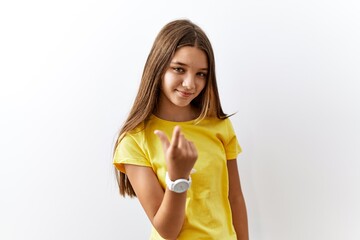 Poster - Young brunette teenager standing together over isolated background beckoning come here gesture with hand inviting welcoming happy and smiling