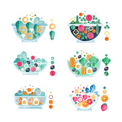 Poster - Salad Bowl with Different Ingredients with Fresh Fruit and Vegetables with Seafood Flat Vector Set