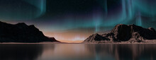 Green Aurora Borealis Over Snow Covered Terrain. Beautiful Northern Lights Banner With Copy-space.