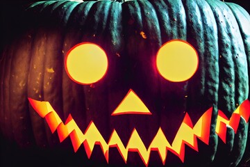 Wall Mural - Halloween pumpkin smile and scary eyes for party night. Close up view of scary Halloween pumpkin with eyes glowing inside at black background. Selective focus