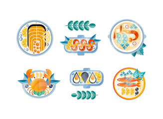 Wall Mural - Plates with Different Seafood Like Crab, Salmon, Oyster and Shrimp Flat Vector Set