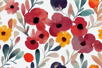 Wall Mural - Colorful seamless floral pattern with abstract flowers, leaves and berries. Watercolor print in rustic vintage style, textile or wallpapers in provence style isolated on white background.