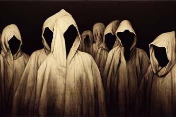 Group of nine scary figures in hooded cloaks in the dark