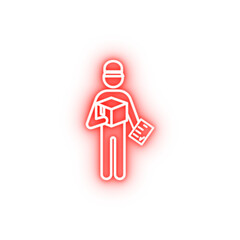 Canvas Print - postal worker with parcel outline neon icon