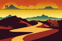 Desert Road Trip 2d Graphic Print Design For Apparel, Stickers, Posters, Background And Others. Arizona Desert T Shirt Design. Western Desert Vintage Artwork. Africa, Sahara, Or Arizona Nature.