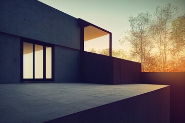 Wall Mural - Modern building exterior with cement stairs and floor. Sunrise scene.Photorealistic 3d rendering