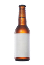 Bottle Of Beer With Drops And White Empty Label Isolated On White Background