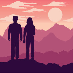 Canvas Print - lovers couple silhouette in pink landscape