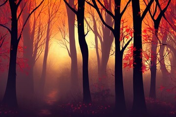 Wall Mural - Fairy Mysterious Forest. Mystical atmosphere. Paranormal another world. Stranger forest in a fog. Dark scary park with red leaves. Background for wallpaper.