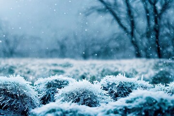 Canvas Print - Winter atmospheric landscape with frost covered dry plants during snowfall. Winter Christmas background