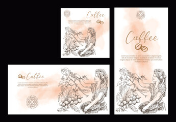 coffee label packaging of drawing and vector. coffee banner for promotion digital of coffee bean. poster coffee and sticker label. set of coffee packaging label sticker