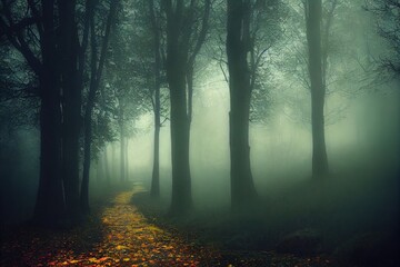 Sticker - Mysterious pathway. Footpath in the dark, foggy, autumnal, misty forest.