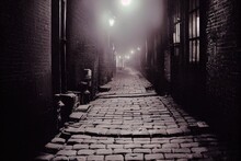 Dark And Scary Vintage Cobblestone Brick City Alley At Night In Chicago