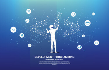 Wall Mural - silhouette man wear vr glasses software development programming tag with polygon dot connect line. c