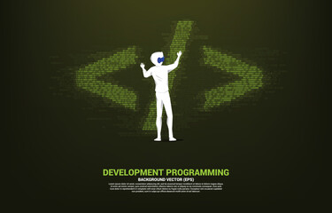 Wall Mural - silhouette man wear vr glasses software development programming tag with one and zero digit matrix s