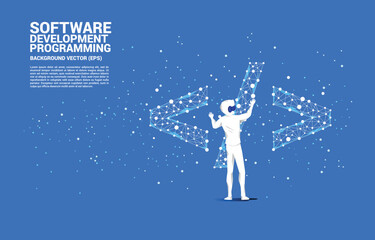 Poster - Silhouette man wear VR glasses software development programming tag with polygon dot connect line. Concept of digital virtual reality technology and AR .