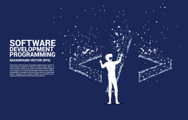 Wall Mural - silhouette man wear vr glasses software development programming tag with polygon dot connect line. c
