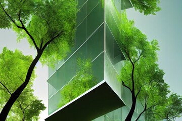 Wall Mural - Eco friendly building in the modern city. Green tree branches with leaves and sustainable glass building for reducing heat and carbon dioxide. Office building with green environment. Go green concept.